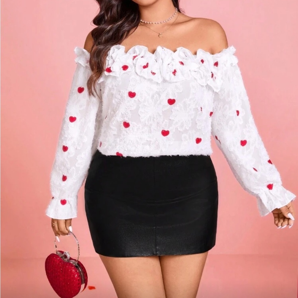 Luxe Plus Size White Off-Shoulder Embroidered Red Hearts Top Blouse Shirt